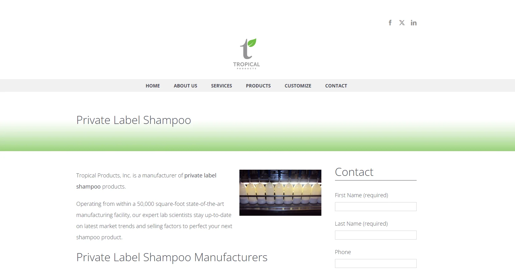 Webpage of Tropical Products featuring private label shampoo section with product information and contact form.